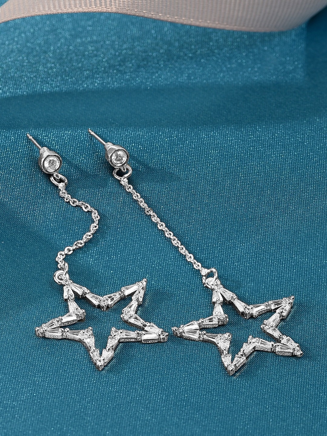 

AMI Silver-Plated Baguette Diamond Studded Star Shaped Drop Earrings