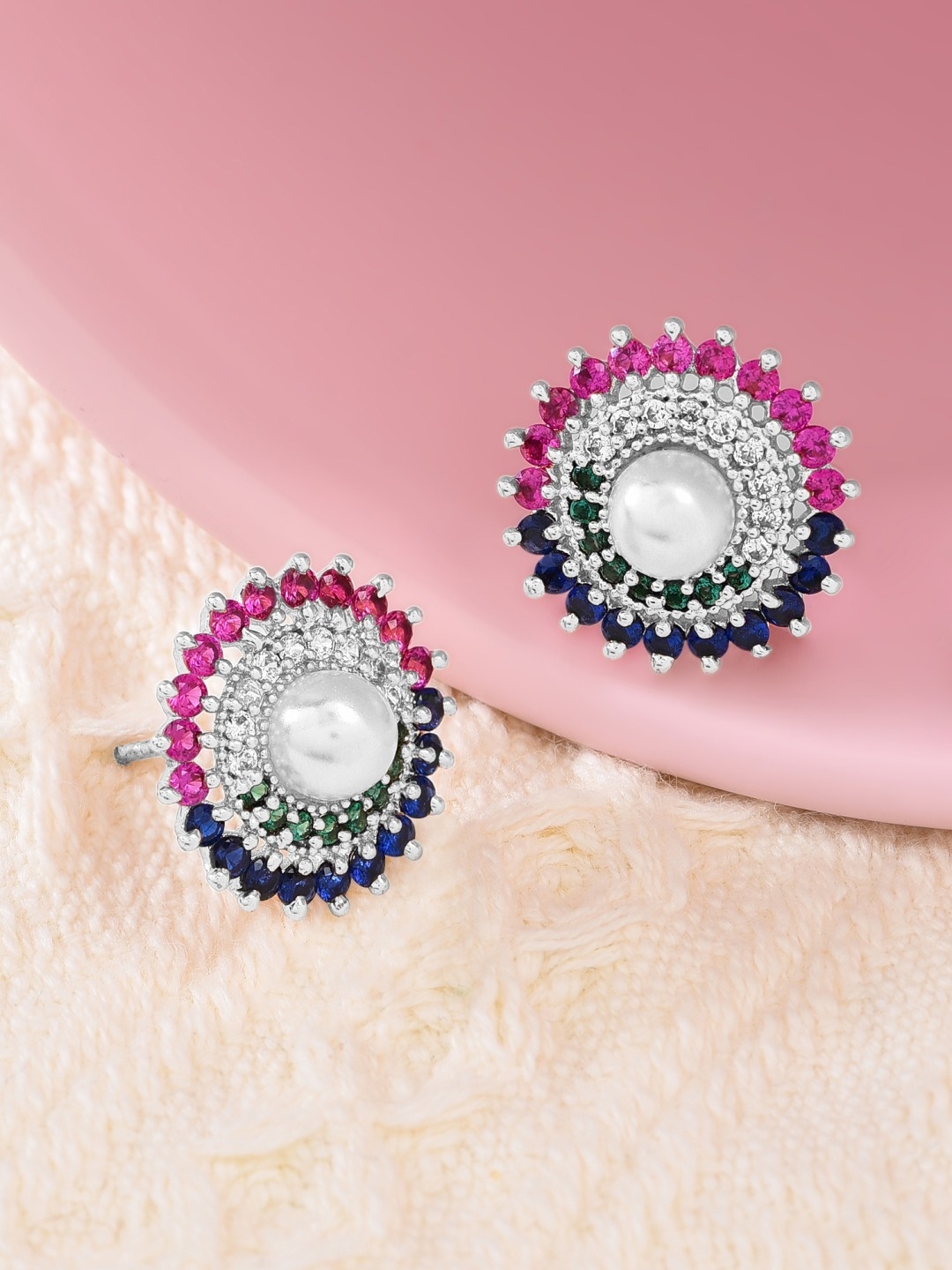 

AMI Multicoloured Silver-Plated CZ Studded Circular Studs Earrings, Multi