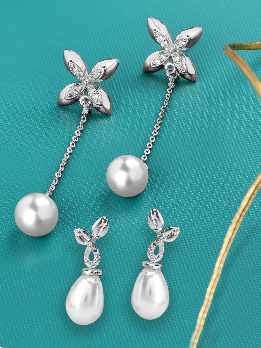 

AMI Set Of 2 Silver-Plated Cubic Zirconia & Pearls Stud & Drop Earring