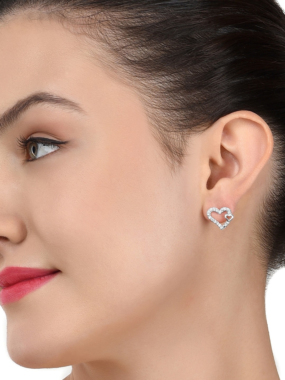 

AMI Silver-Plated CZ Studded Heart Shaped Studs Earrings