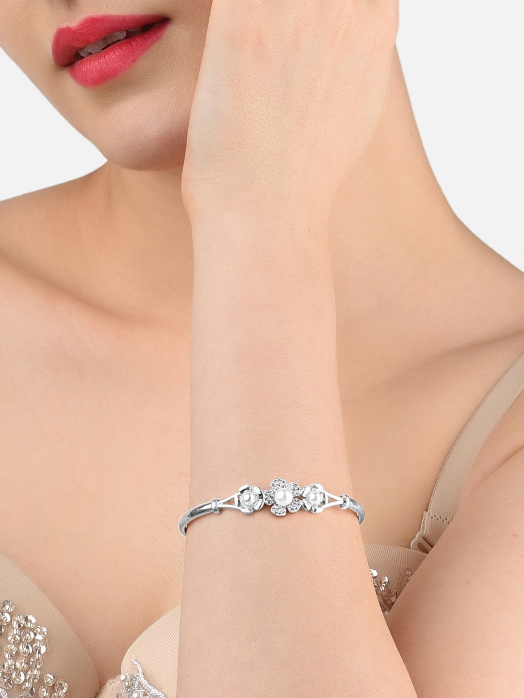 

AMI Women Silver-Plated & White Brass Cubic Zirconia Bangle-Style Bracelet