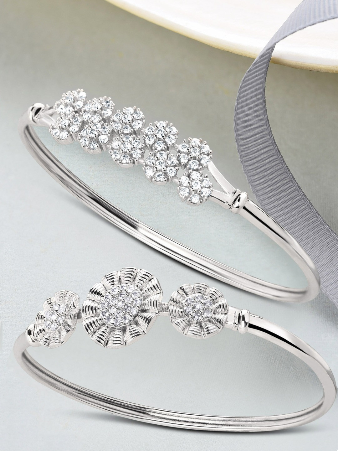 

AMI Women Set Of 2 Silver-Plated Brass Cubic Zirconia Kada Bracelet