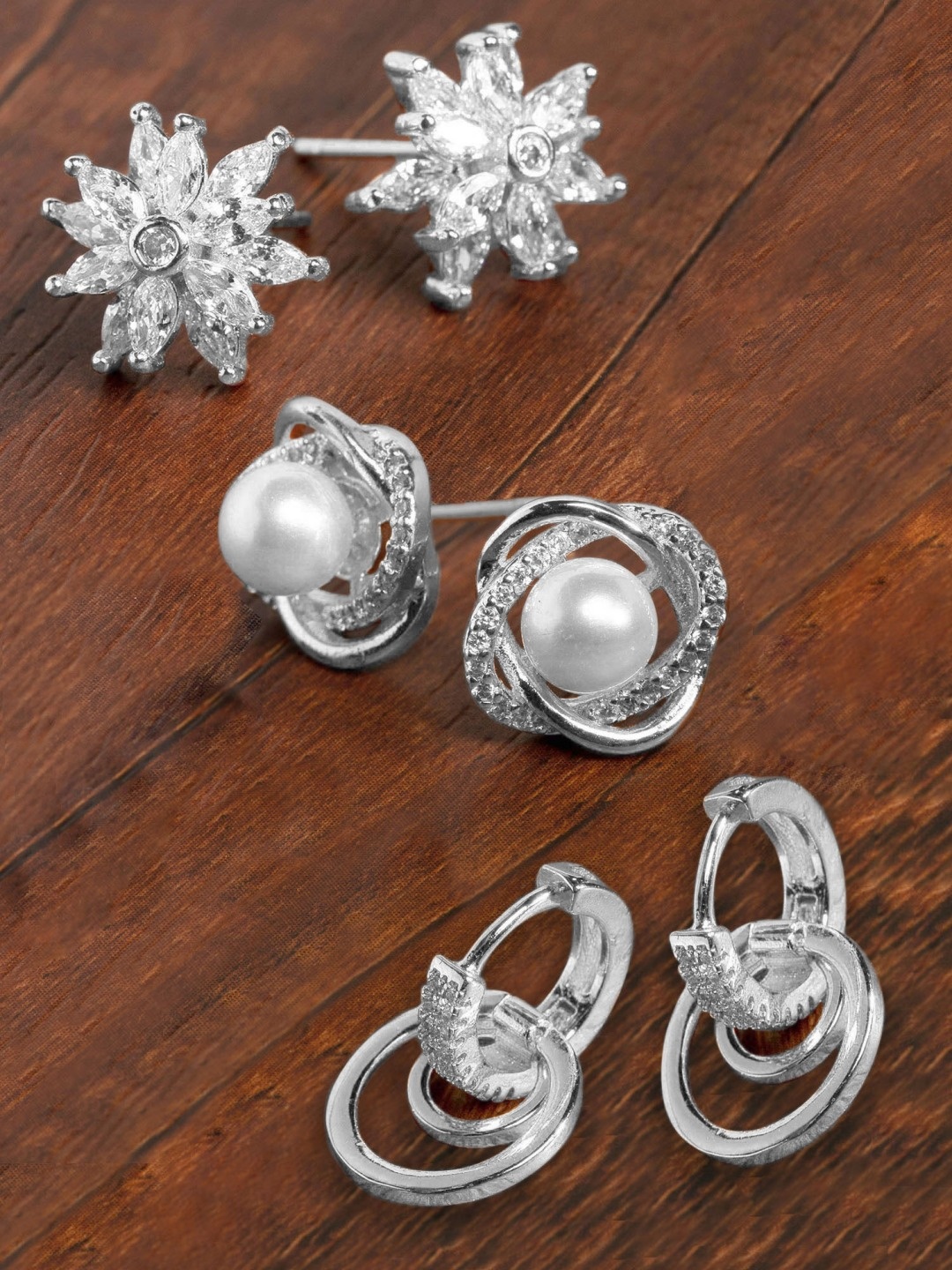 

AMI Set Of 3 Silver-Toned Cubic Zirconia & Pearls Brass Stud & Drop Earring