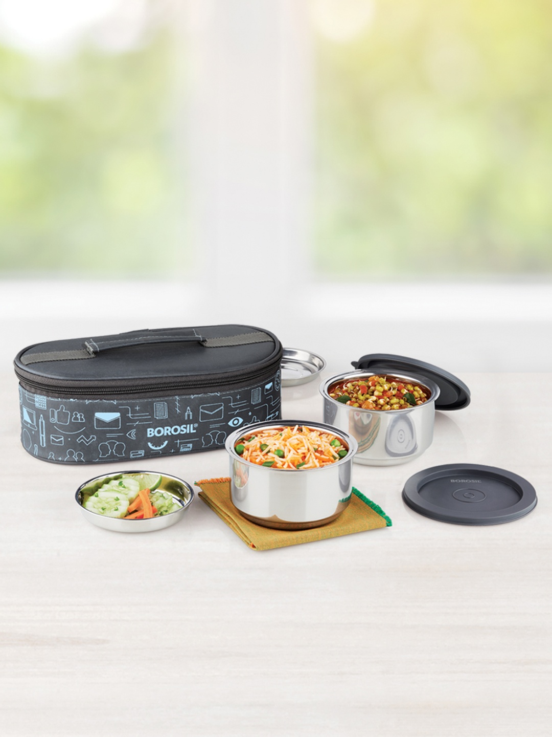 

BOROSIL Silver-Toned Carry Fresh Stainless Steel Insulated Lunch Box