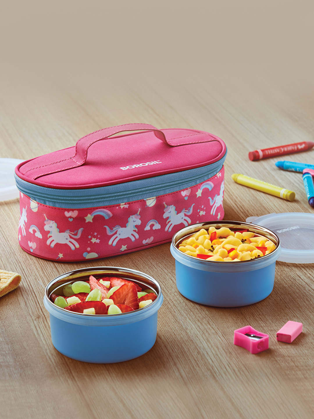 

BOROSIL Pink Stainless Steel Kids Lunch Box For School, 300 ml, Set of 2, Pink