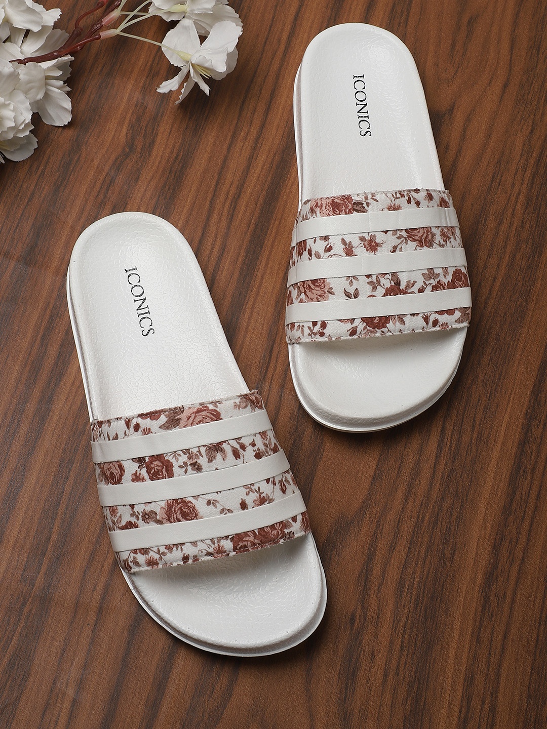 

ICONICS Women White & Pink Printed Sliders