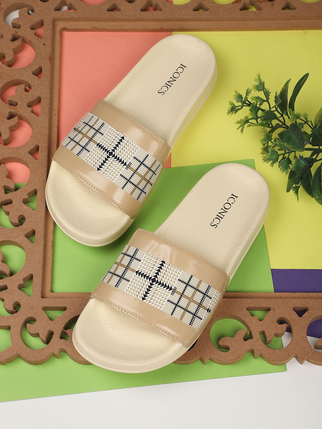 

ICONICS Women Beige Printed Sliders