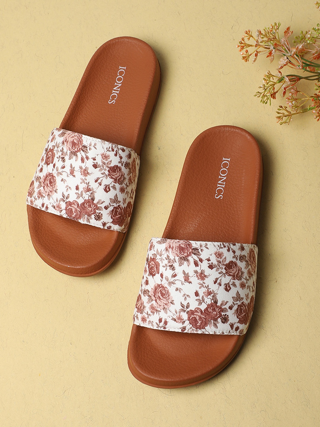 

ICONICS Women Brown & White Printed Sliders