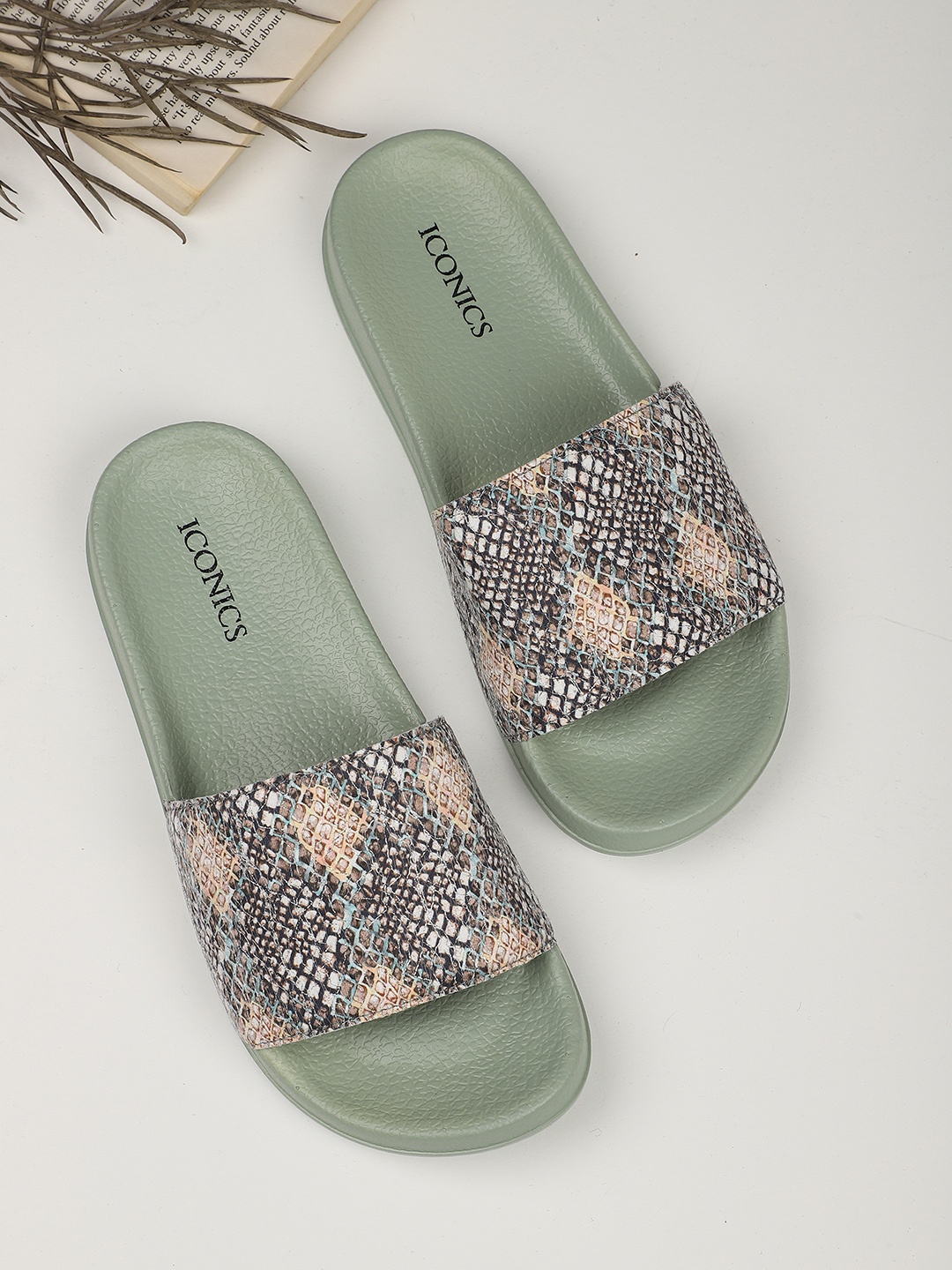 

ICONICS Women Green & Black Printed Sliders
