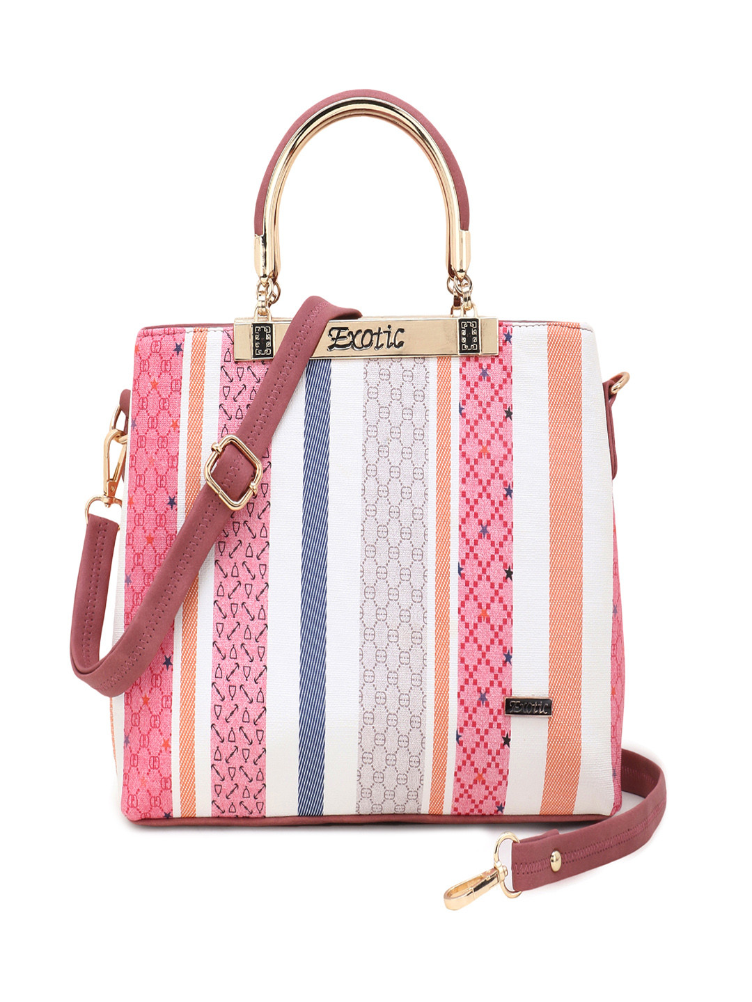 

Exotic Women White & Peach Striped Textured Handheld Bag With Detachable Sling Strap