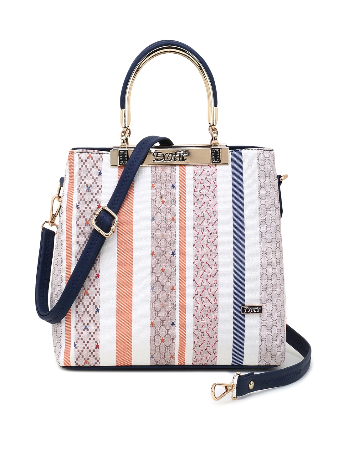 

Exotic White & Orange Striped PU Structured Handheld Bag
