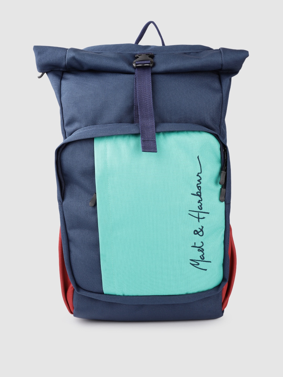 

Mast & Harbour Unisex Navy Blue & Sea Green Colourblocked Embroidered Backpack 14.7 L