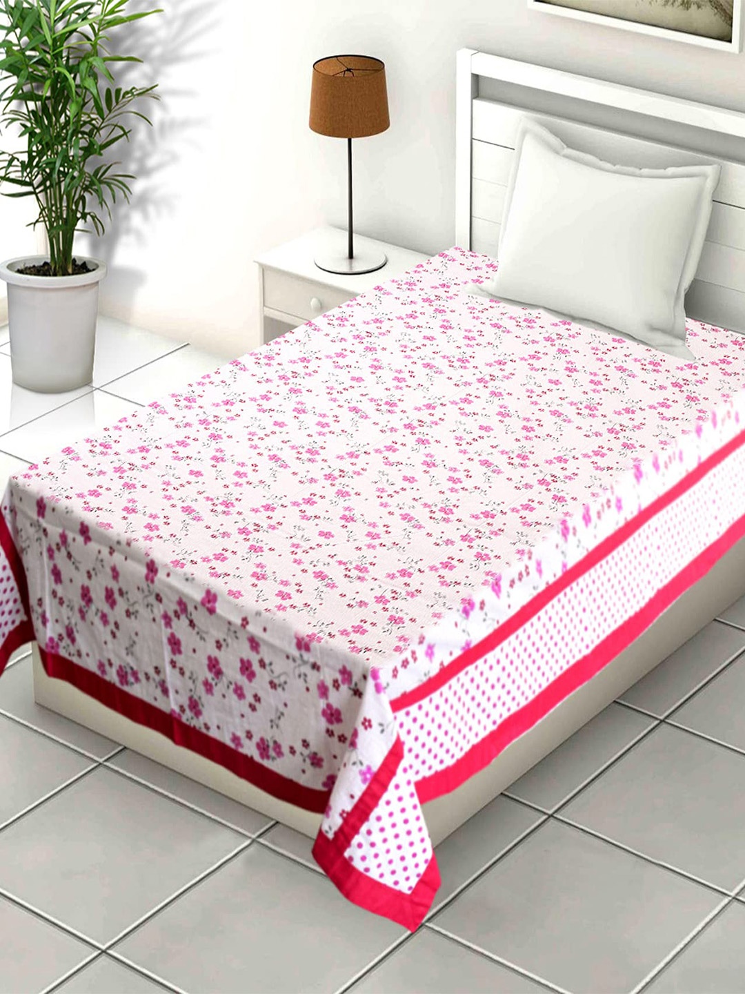 

Kuber Industries Pink & White Floral Pure Cotton 144 TC Single Bedsheet