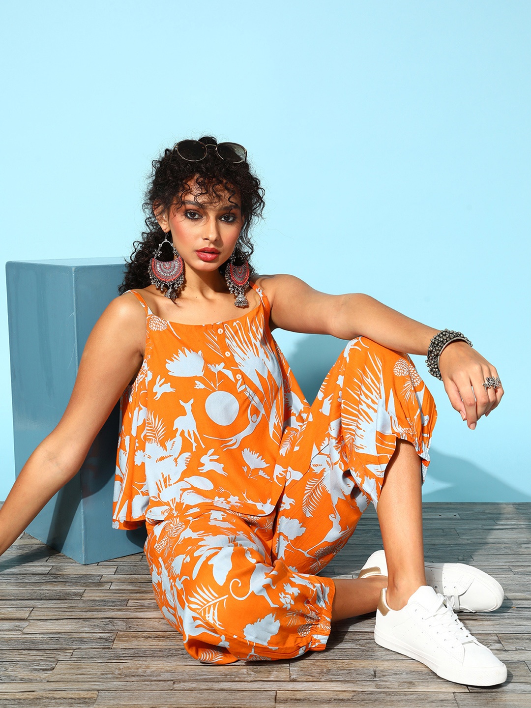 

Sangria Women Orange Printed Top with Joggers