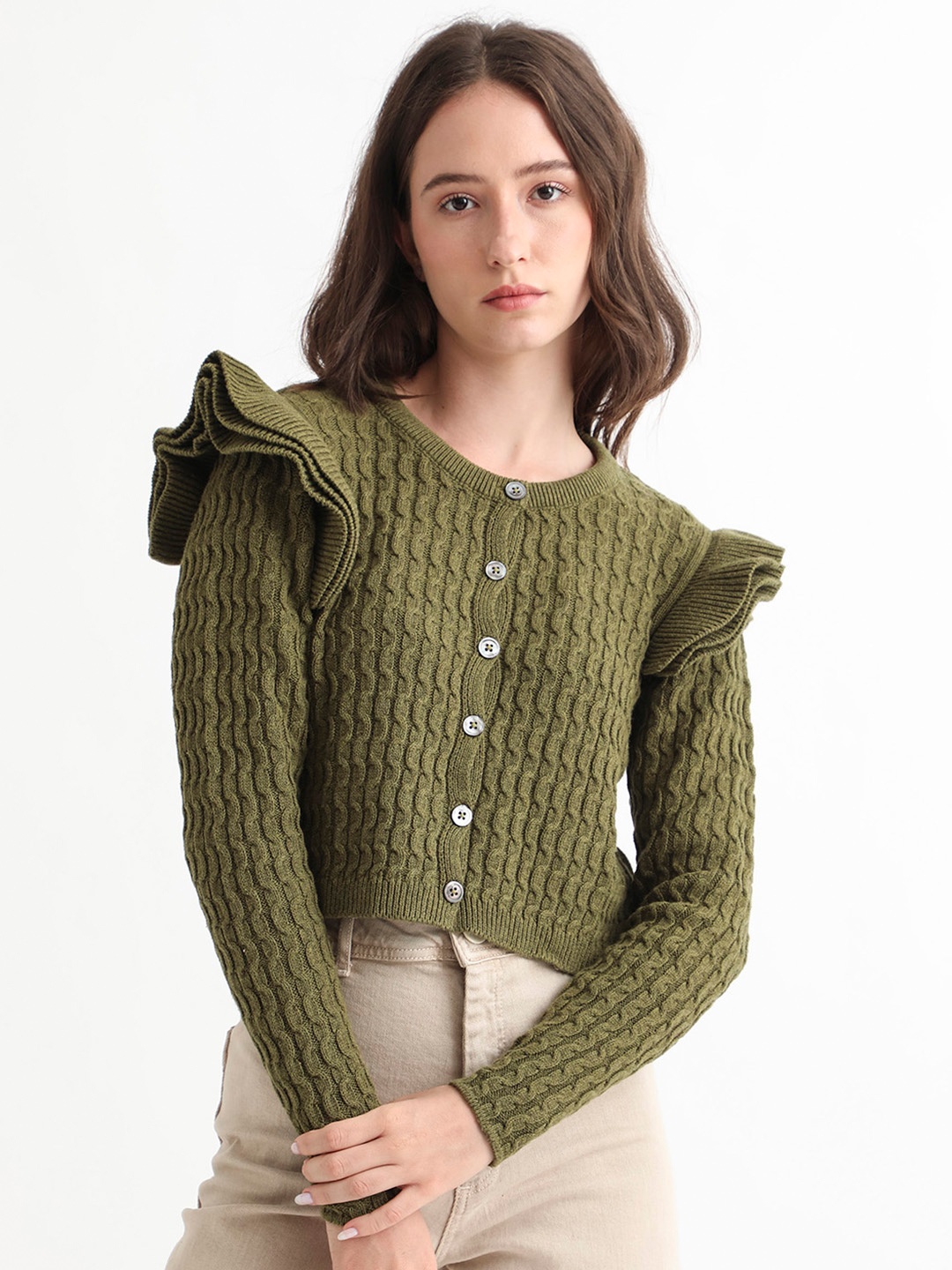 

RAREISM Women Olive Green Cable Knit Cotton Crop Cardigan