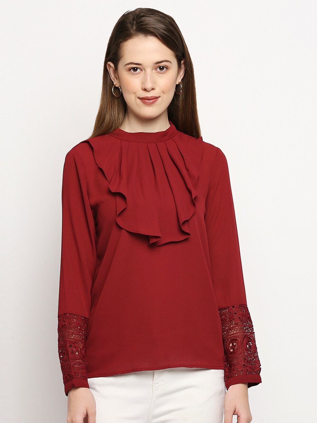 

LYKKEIN Maroon Neck Lace Cuff Sleeve Top