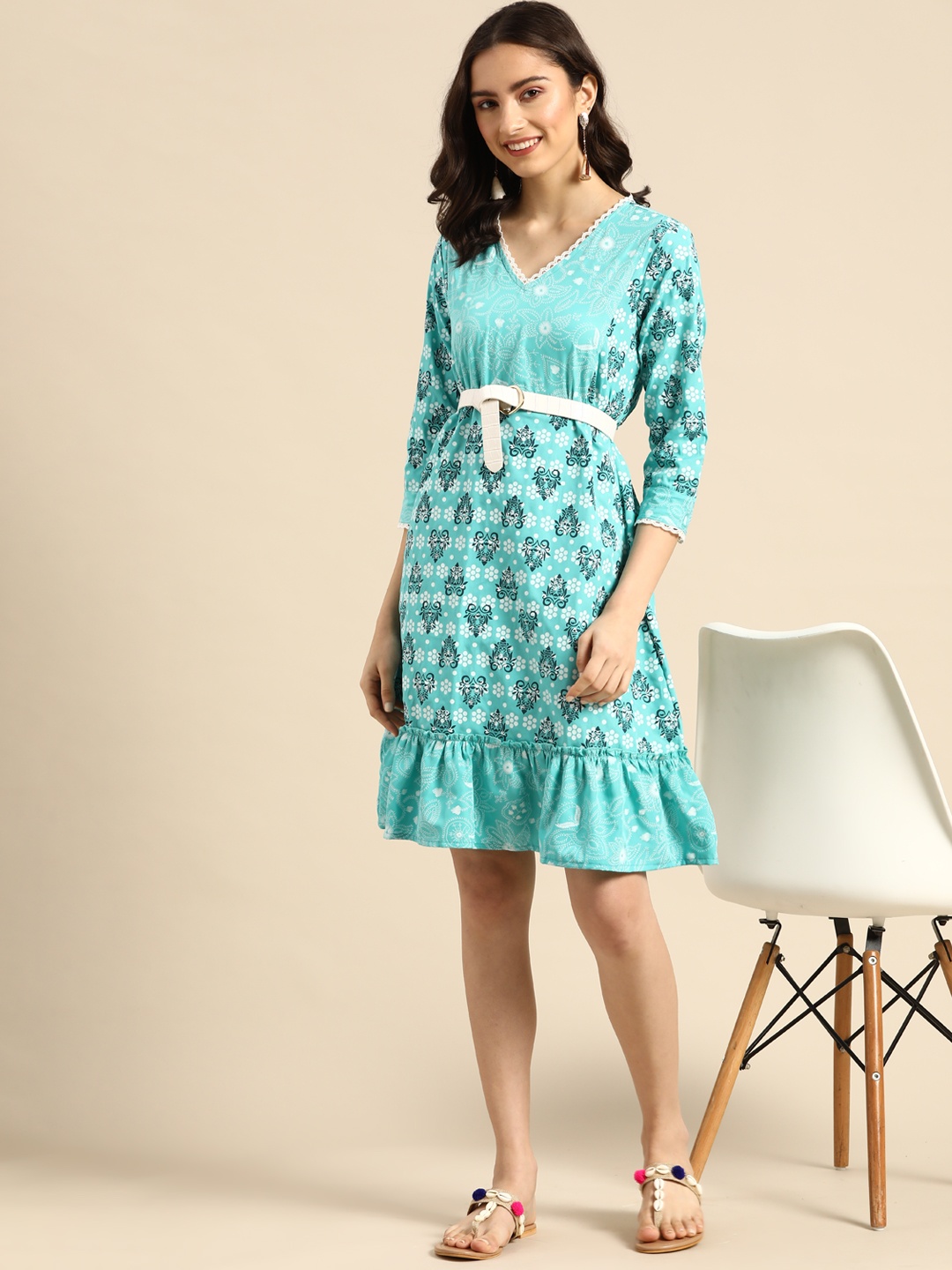 

Sangria Blue & White Ethnic Motifs A-Line Dress