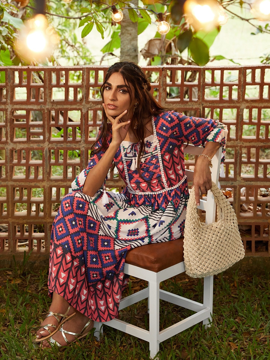 Sangria Women Blue & Coral Geometric Print A-Line Midi Dress