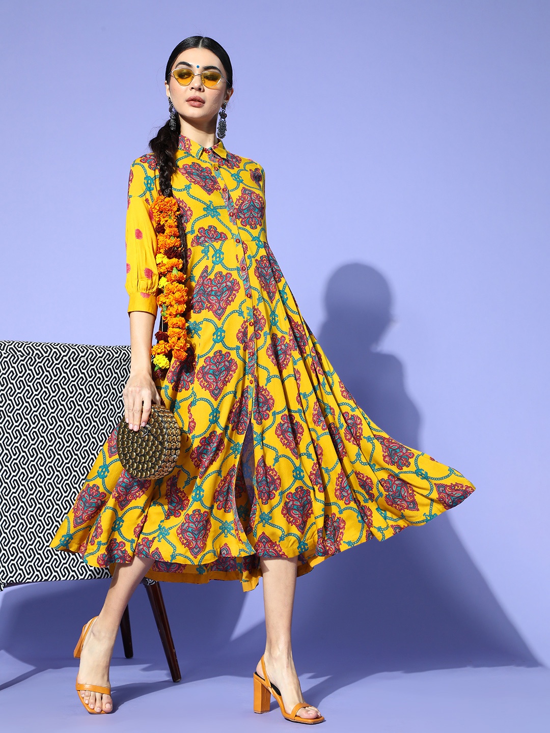 

Sangria Women Mustard Yellow & Blue Ethnic Motifs Printed Shirt Style Dress