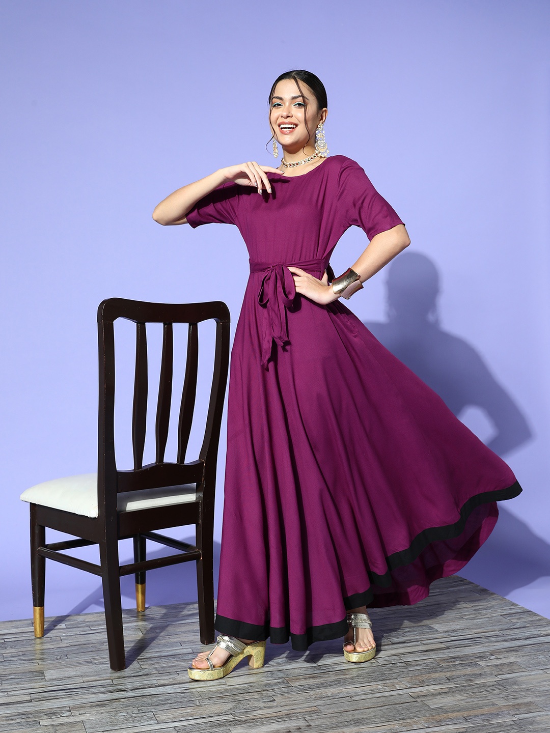 

Sangria Purple Solid Styled Back A-Line Maxi Dress