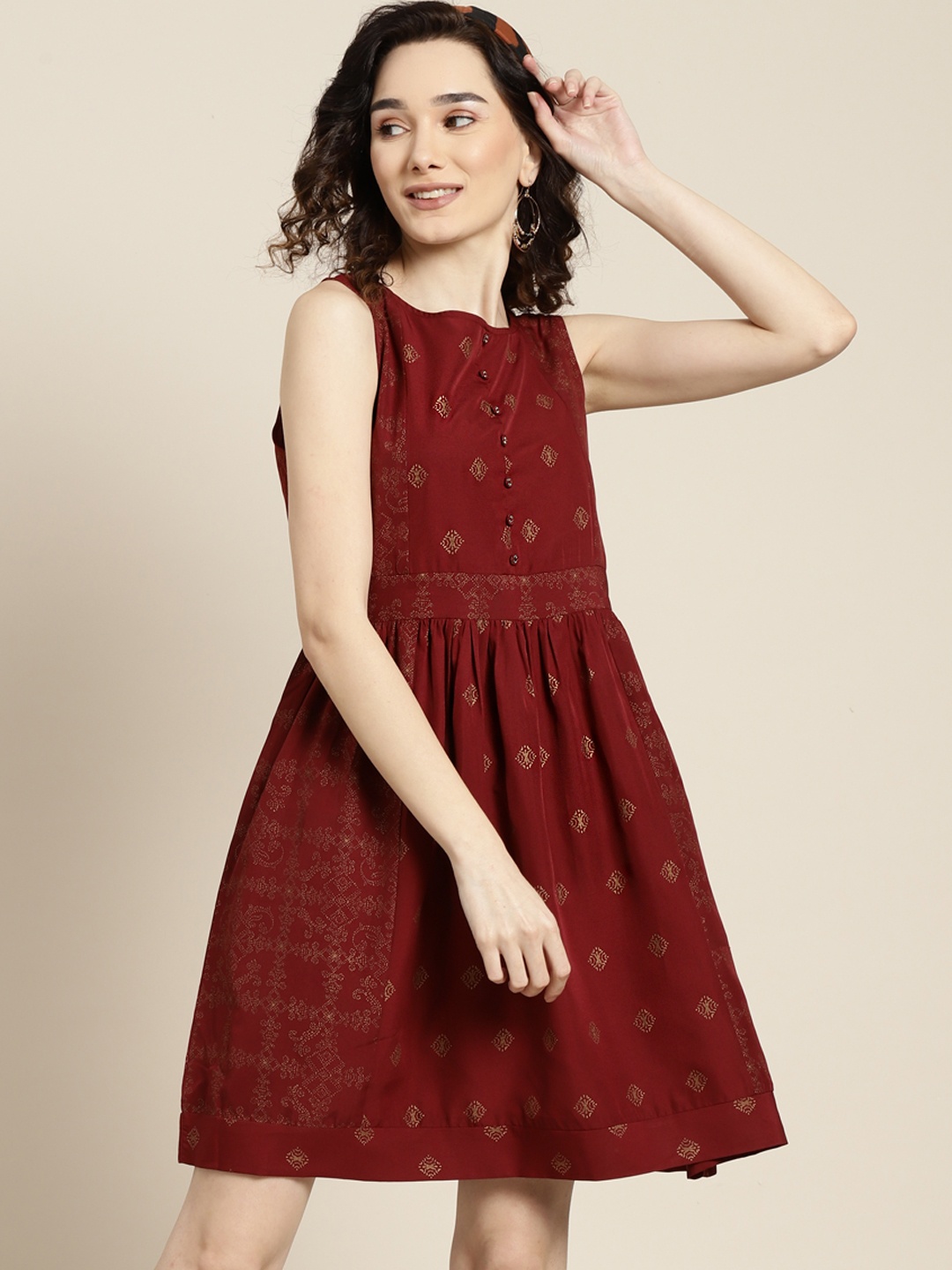 

Sangria Maroon & Golden Ethnic Motifs A-Line Dress