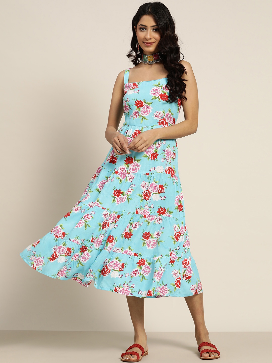 

Sangria Women Blue & Red Floral Printed Tiered A-Line Dress