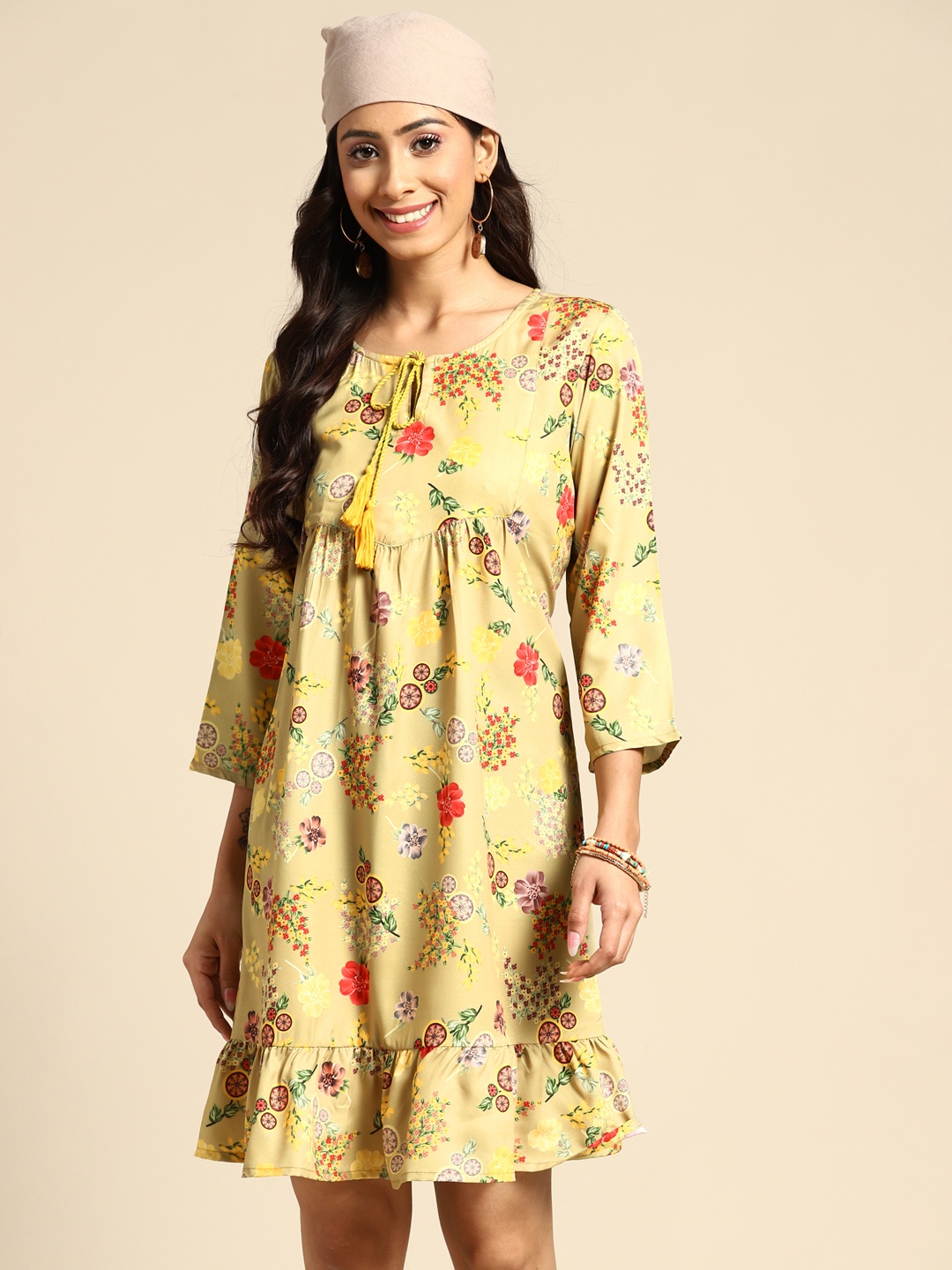 

Sangria Khaki Floral Print Tie-Up Neck Ethnic A-Line Dress
