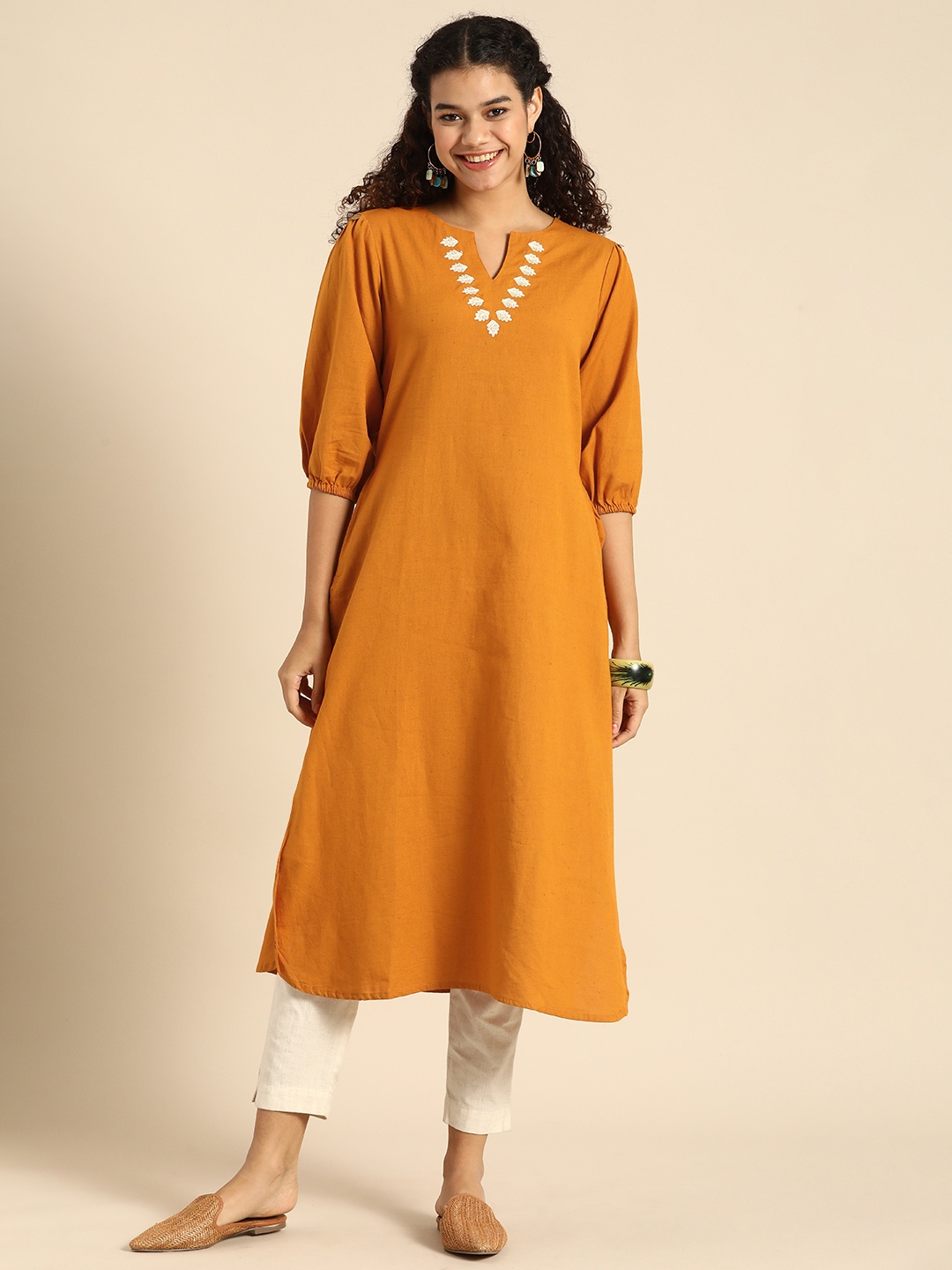 

Sangria Women Mustard Yellow Solid Pure Cotton Straight Kurta