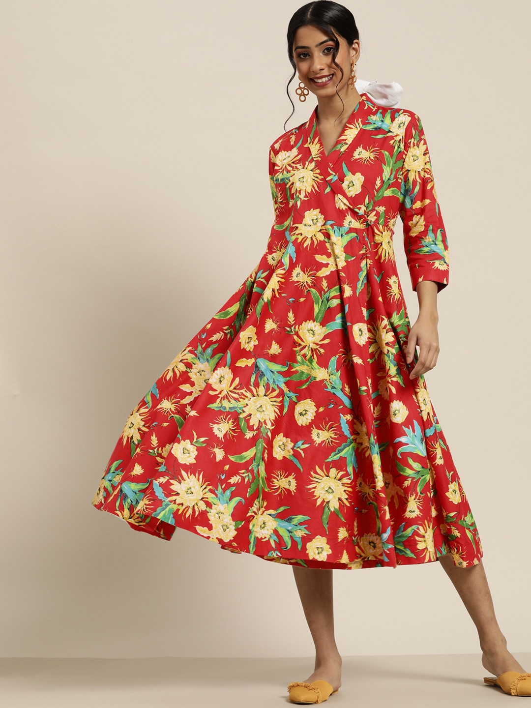 

Sangria Red & Mustard Yellow Floral Printed Ethnic Wrap Midi Dress