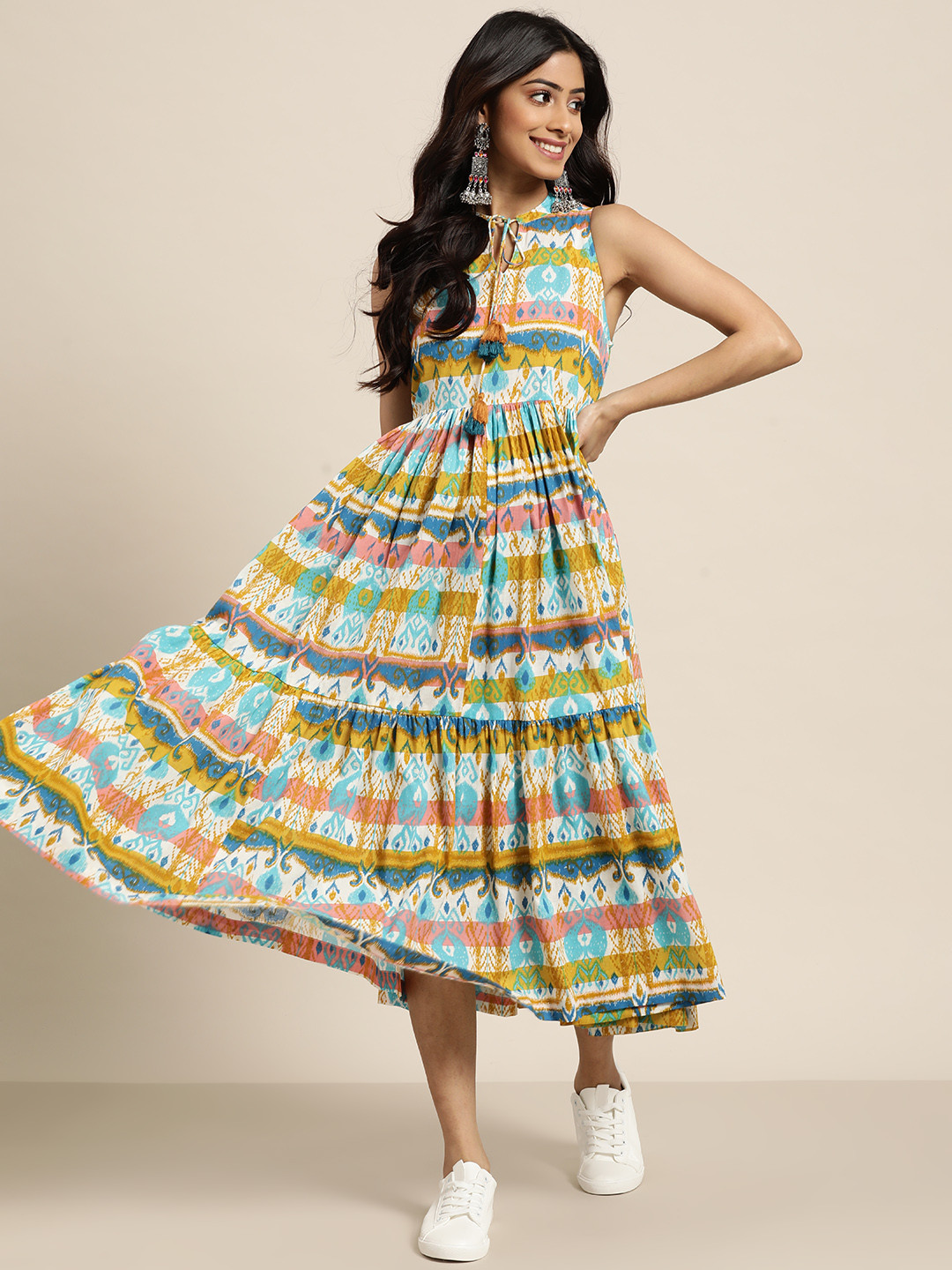 

Sangria Multicoloured Pure Cotton Ethnic Motifs Print Tie-Up Neck Tiered Maxi Dress, Multi
