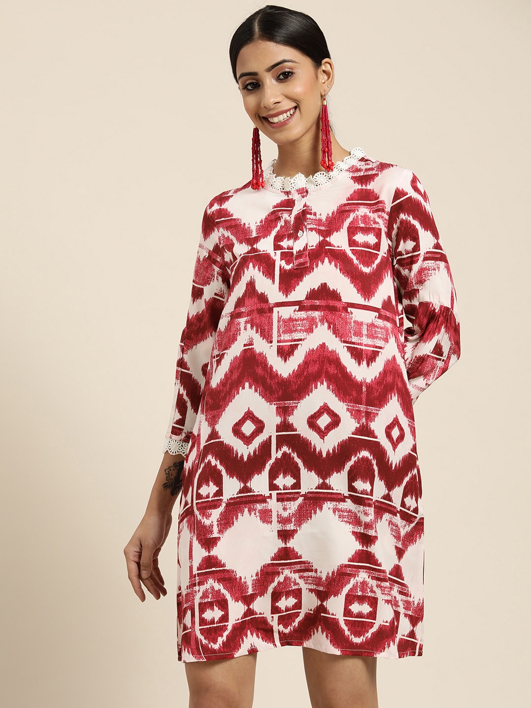 

Sangria Maroon & White Printed Ethnic A-Line Ethnic Dress