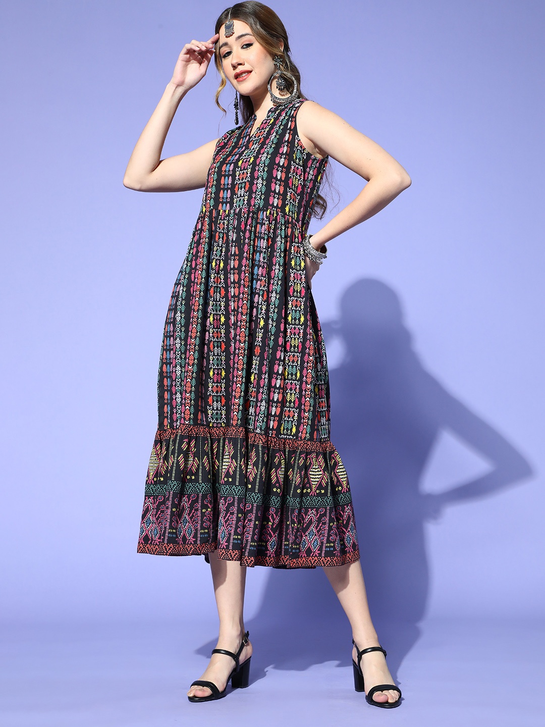 

Sangria Women Black & Pink Pure cotton Ethnic Motifs A-Line Midi Dress