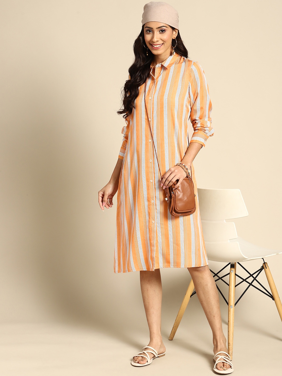 

Sangria Orange & White Striped Ethnic Shirt Dress