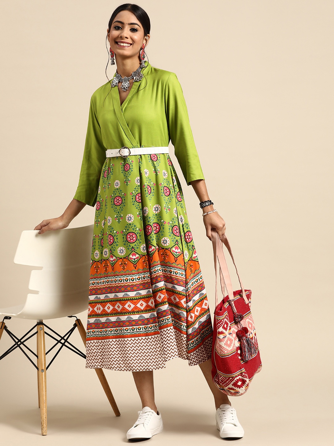 

Sangria Women Green Printed Wrap Ethnic Dress