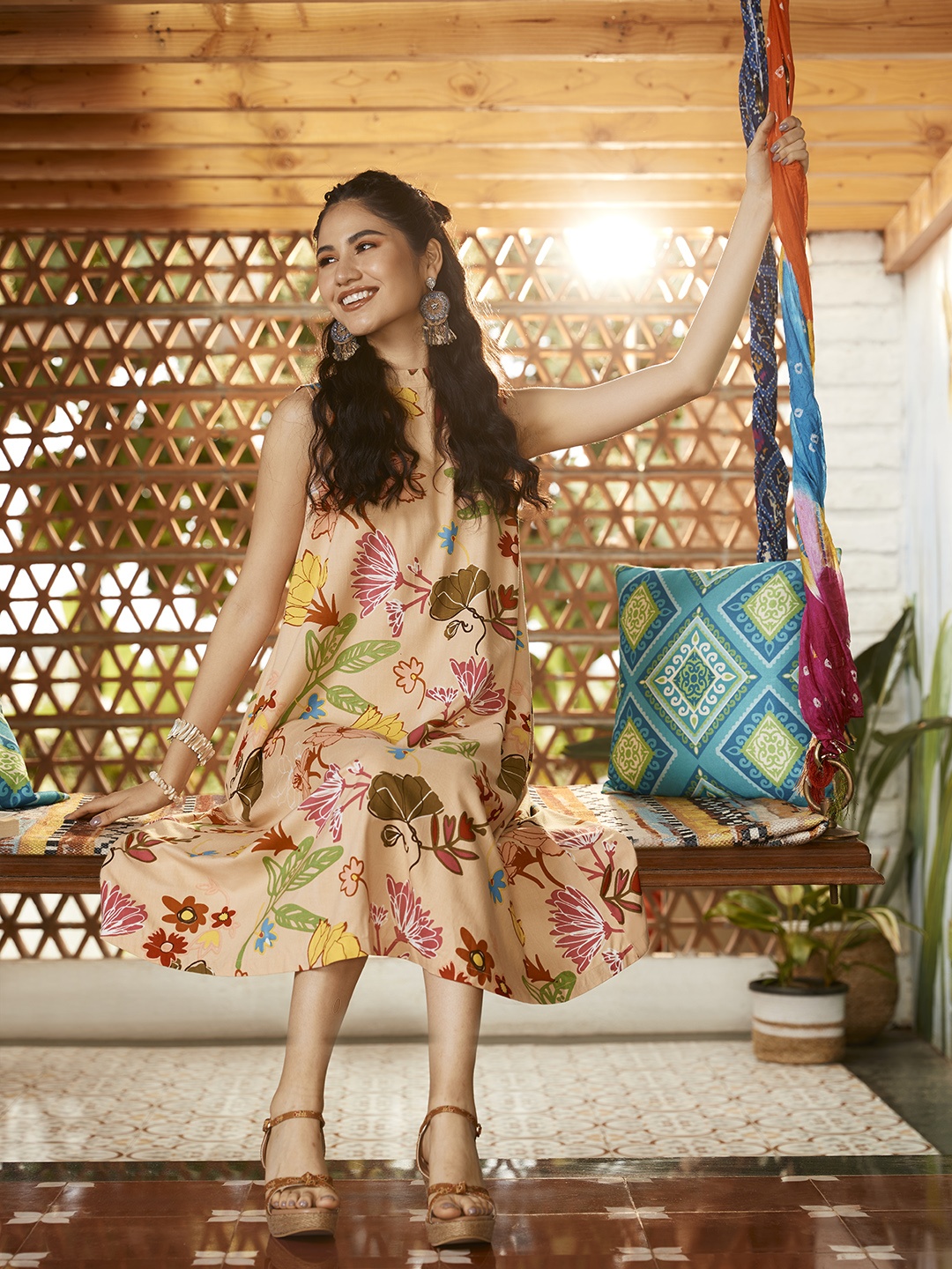

Sangria Women Peach-Coloured & Red Floral Mandarin Collar A-Line Midi Dress