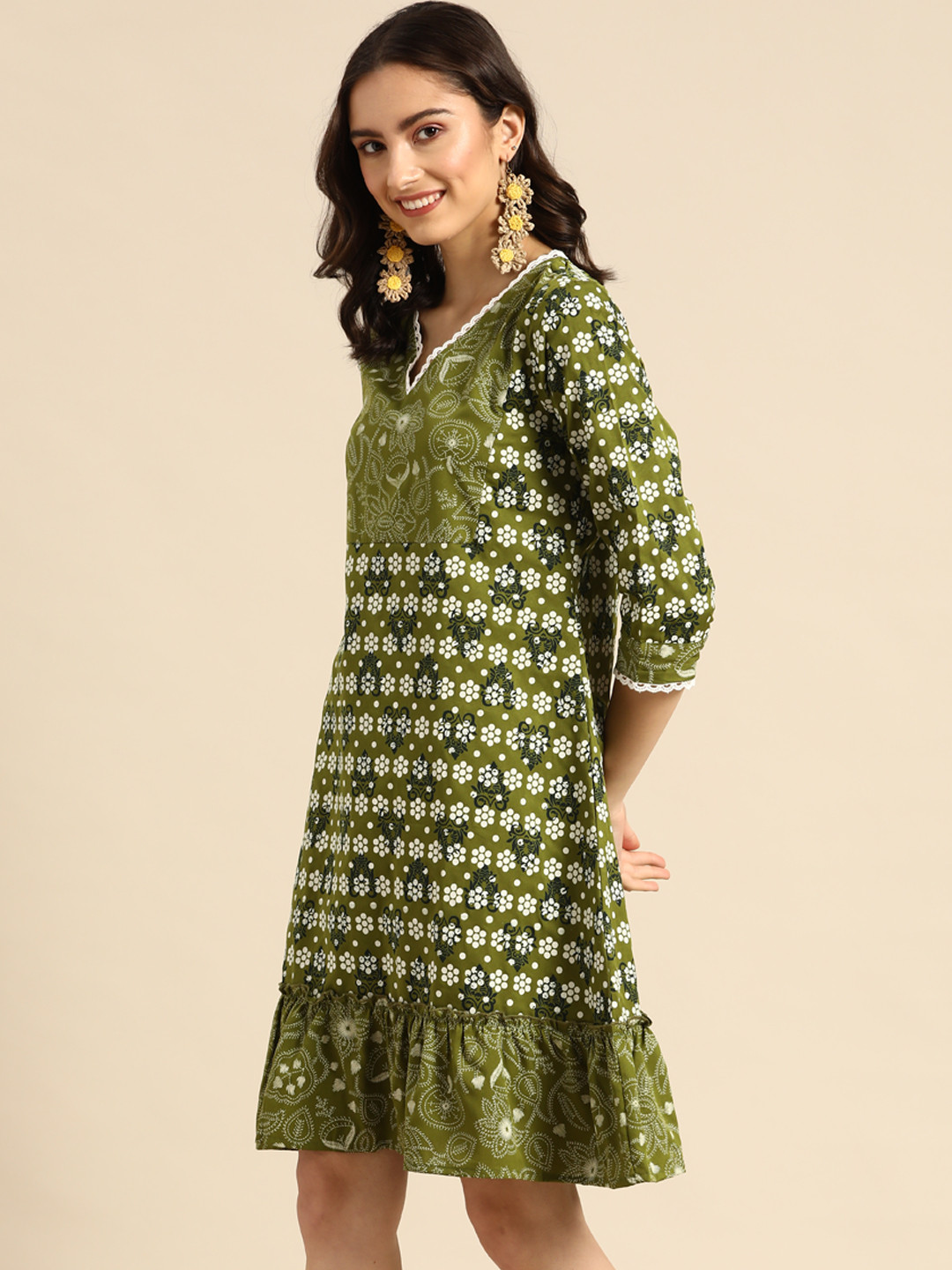 

Sangria Olive Green Ethnic Motifs A-Line Dress