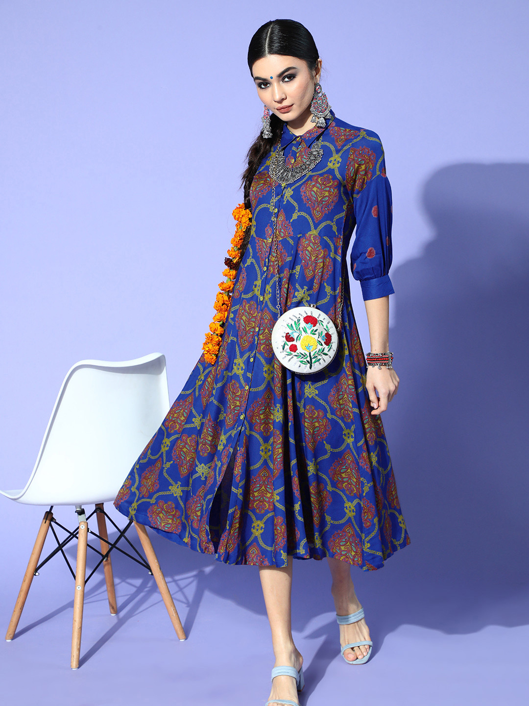 

Sangria Women Stunning Blue Ethnic Motifs Swirling Volume Dress
