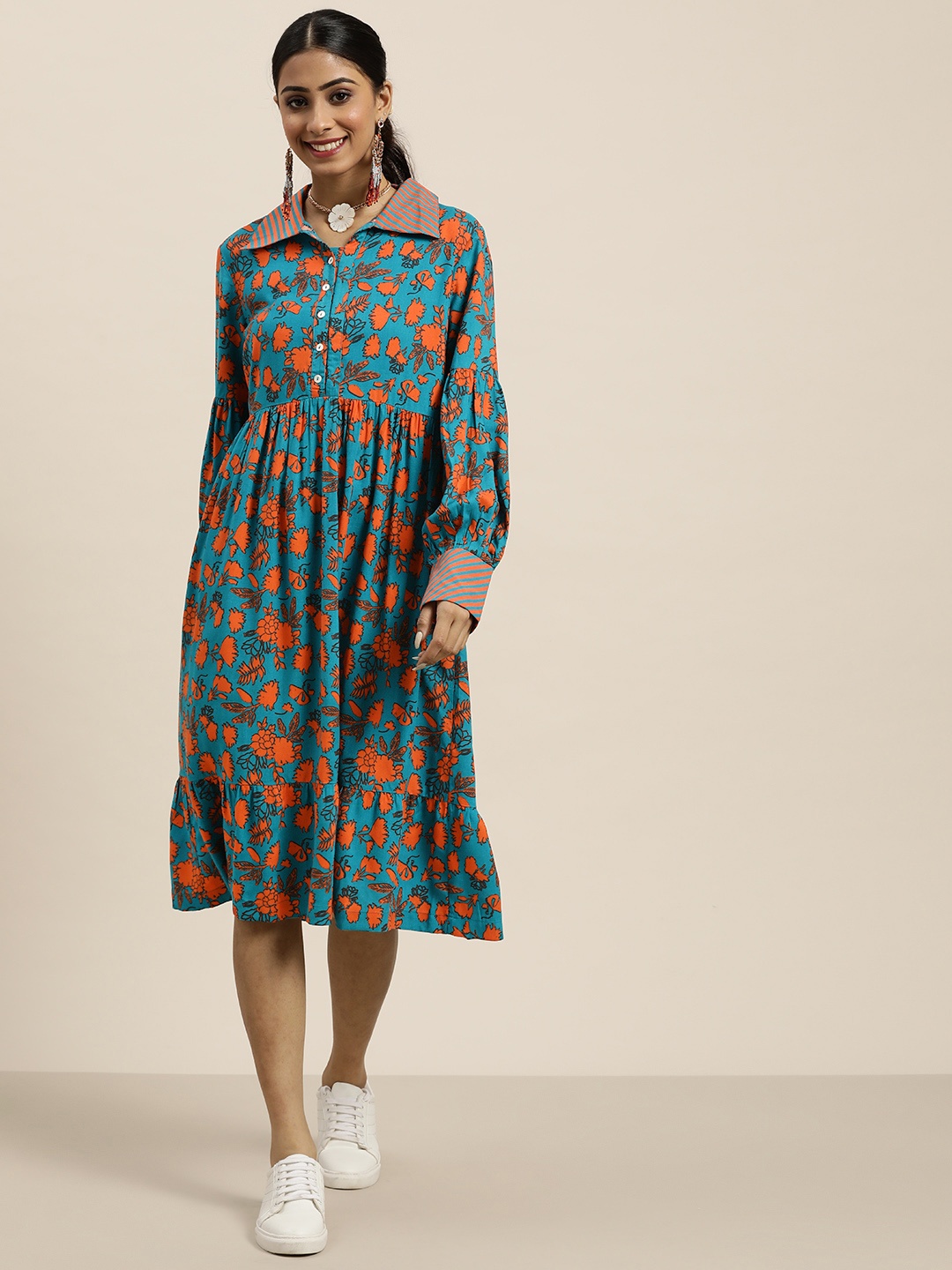 

Sangria Teal Green & Red Floral Ethnic A-Line Dress