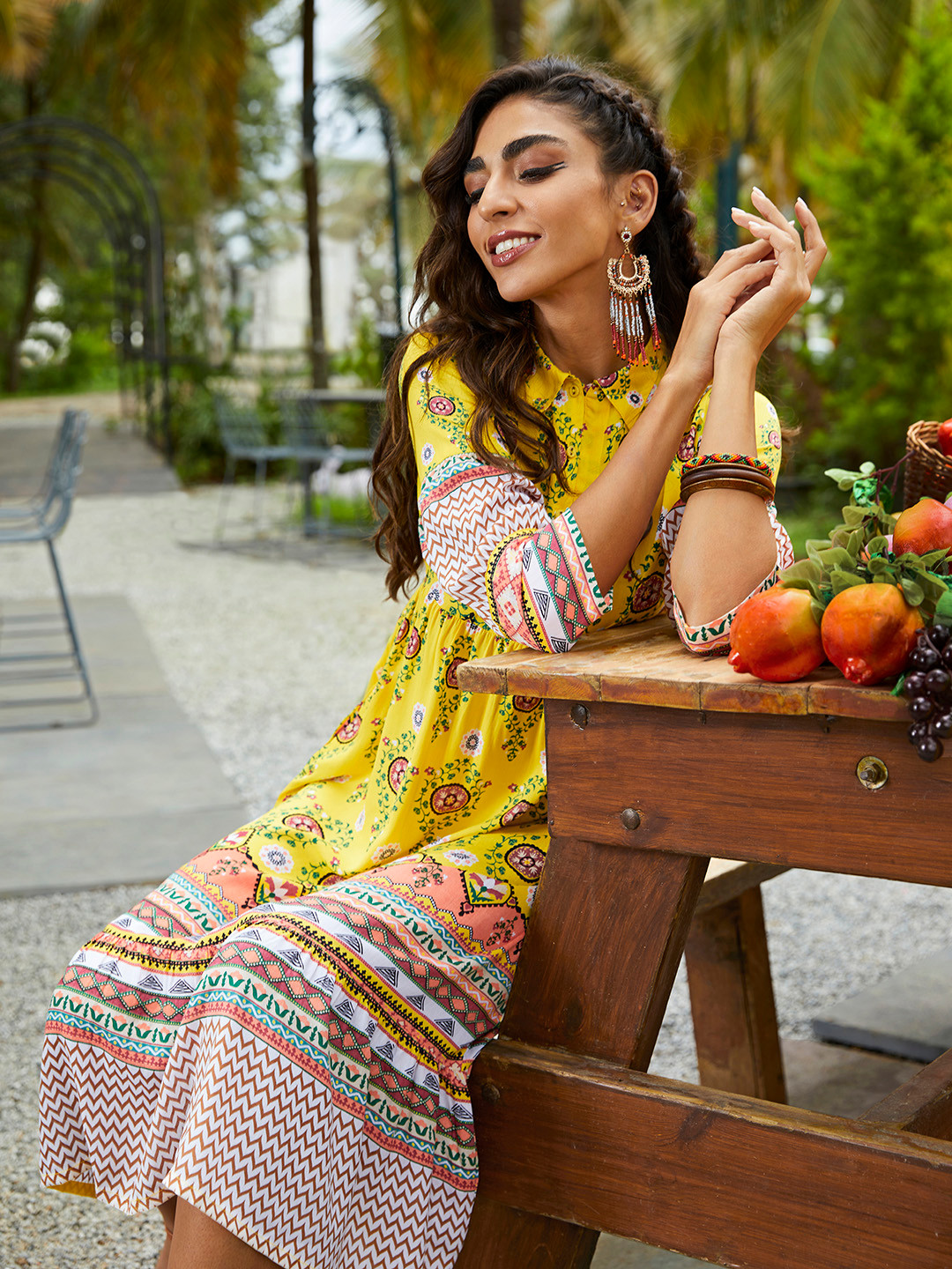 

Sangria Women Yellow Ethnic Motifs Printed A-Line Midi Dress