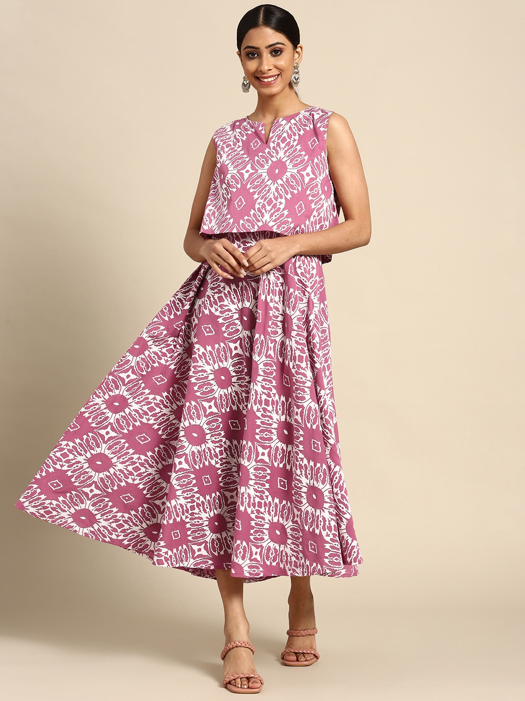 

Sangria Women Mauve & White Printed A-line Layered Pure Cotton Midi Dress