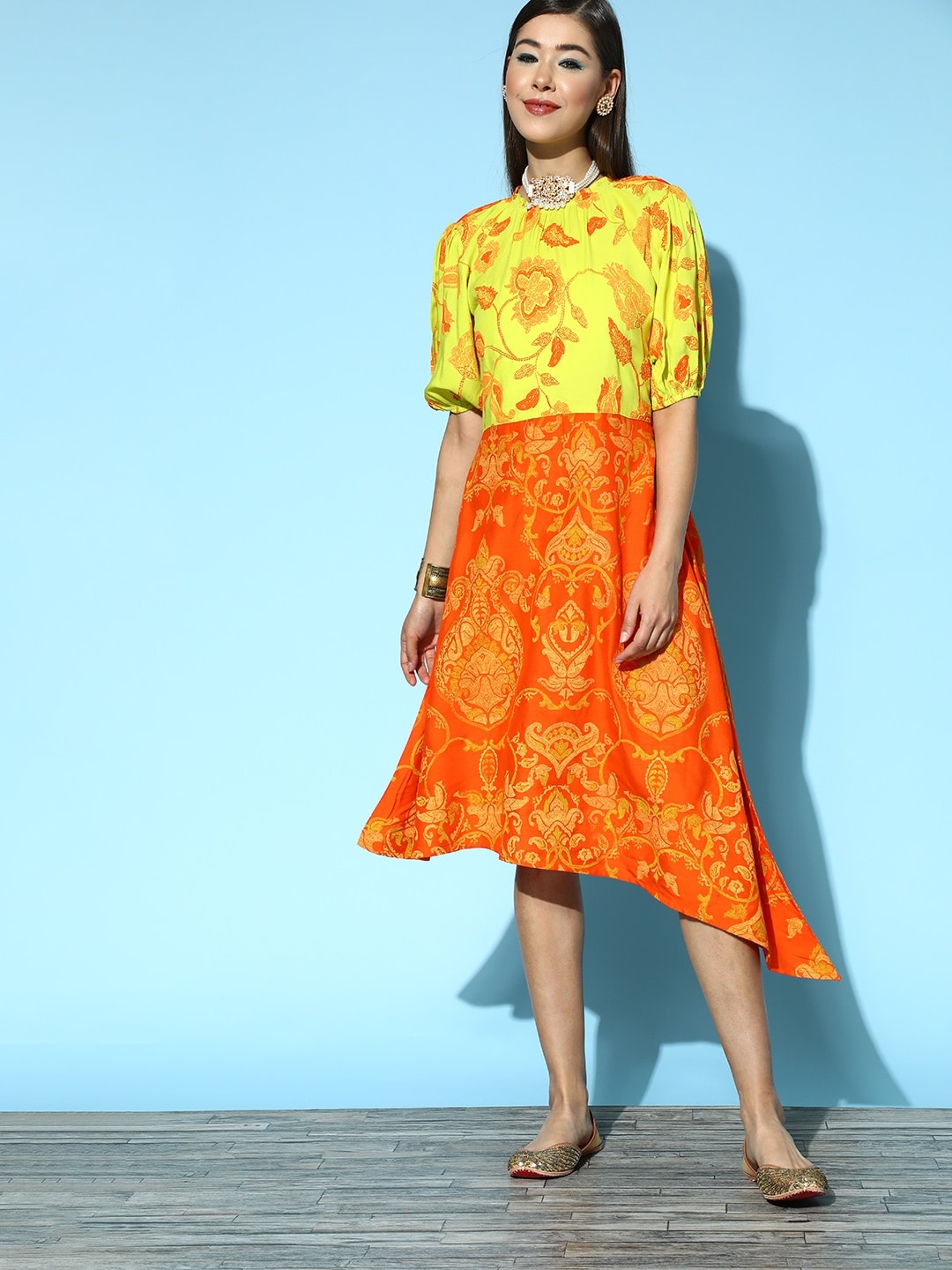 

Sangria Women Bright Yellow Ethnic Motifs Swirling Volume Dress