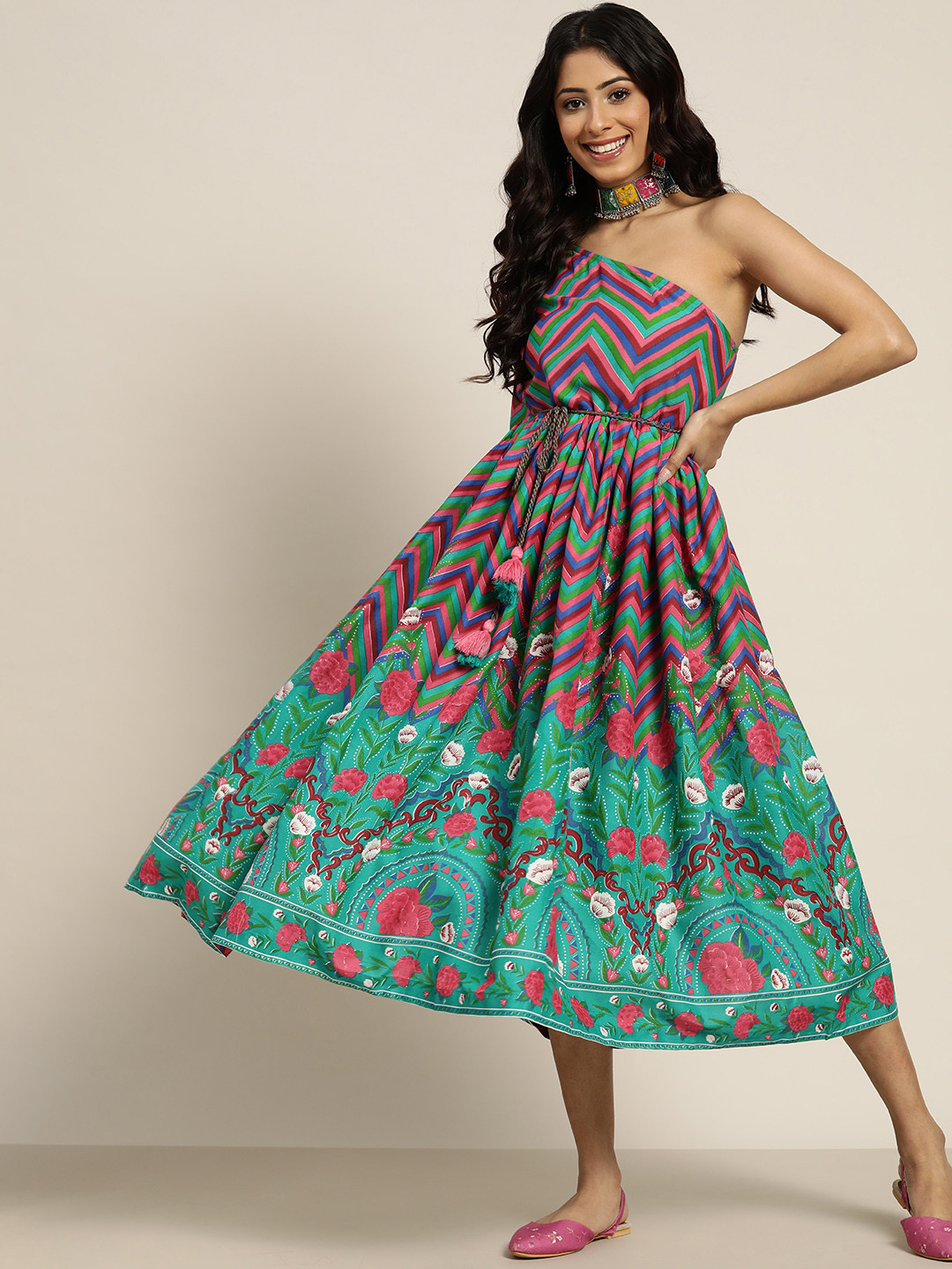 

Sangria Women Teal & Pink One-Shoulder Floral Printed A-Line Dress