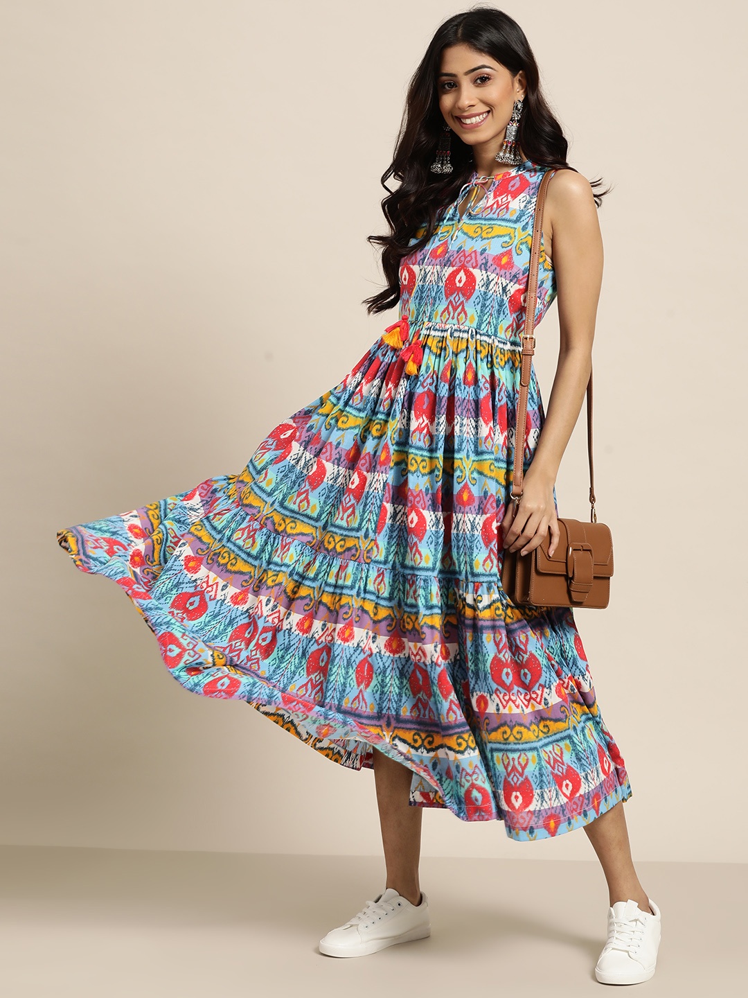 

Sangria Multicoloured Pure Cotton Ethnic Motifs Print Tie-Up Neck Tiered Maxi Dress, Multi