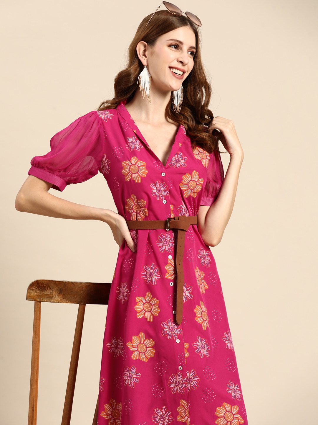

Sangria Pink & Mustard Yellow Floral Printed A-Line Midi Dress