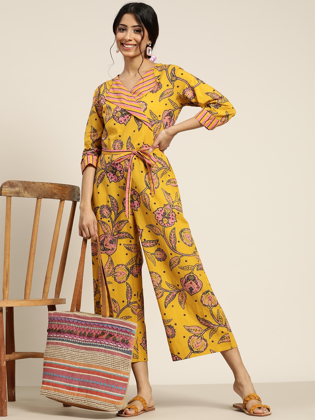 

Sangria Women Mustard Yellow & Pink Floral Printed Pure Cotton Basic Jumpsuit