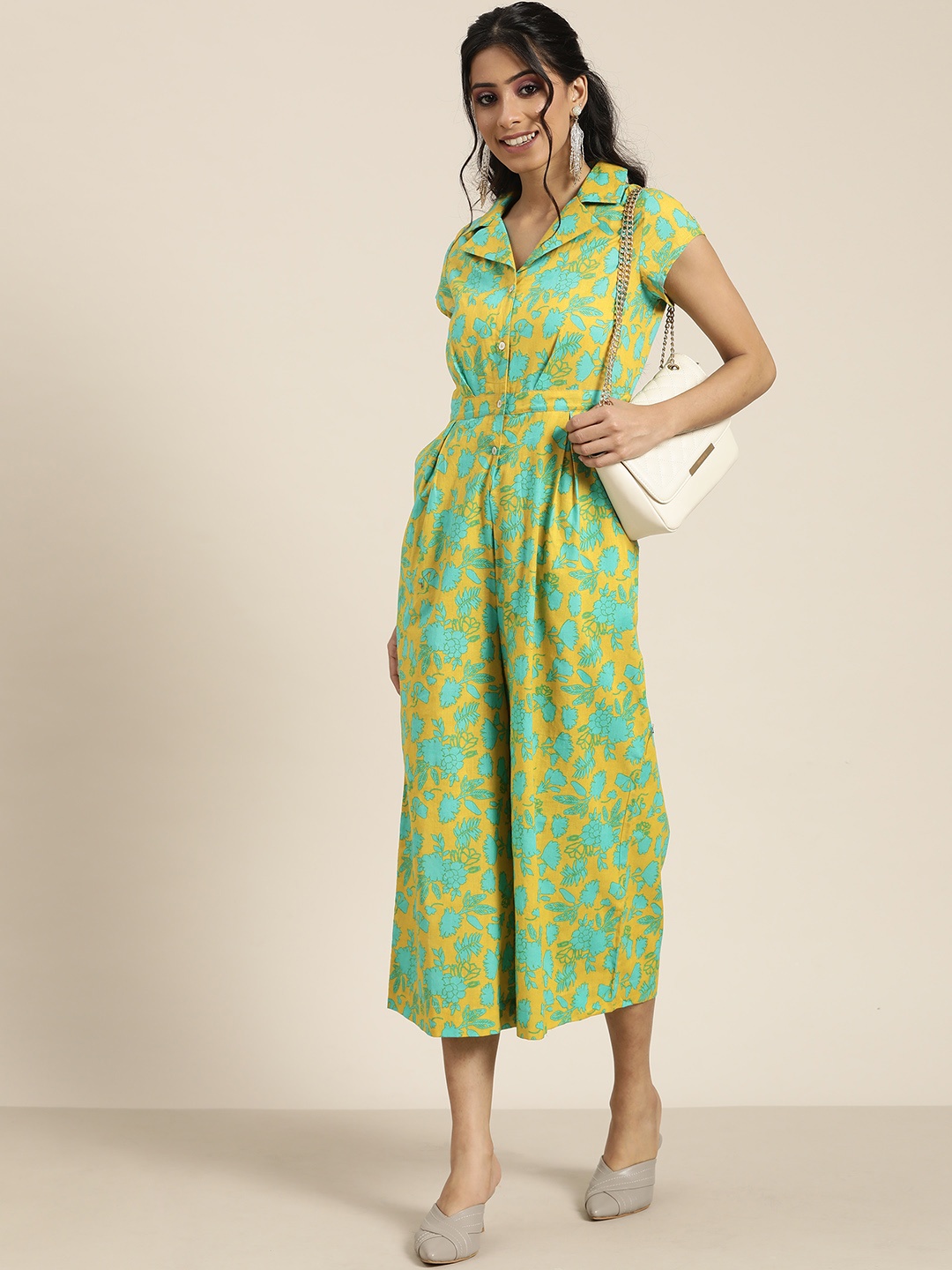 

Sangria Green & Mustard Printed Capri Jumpsuit