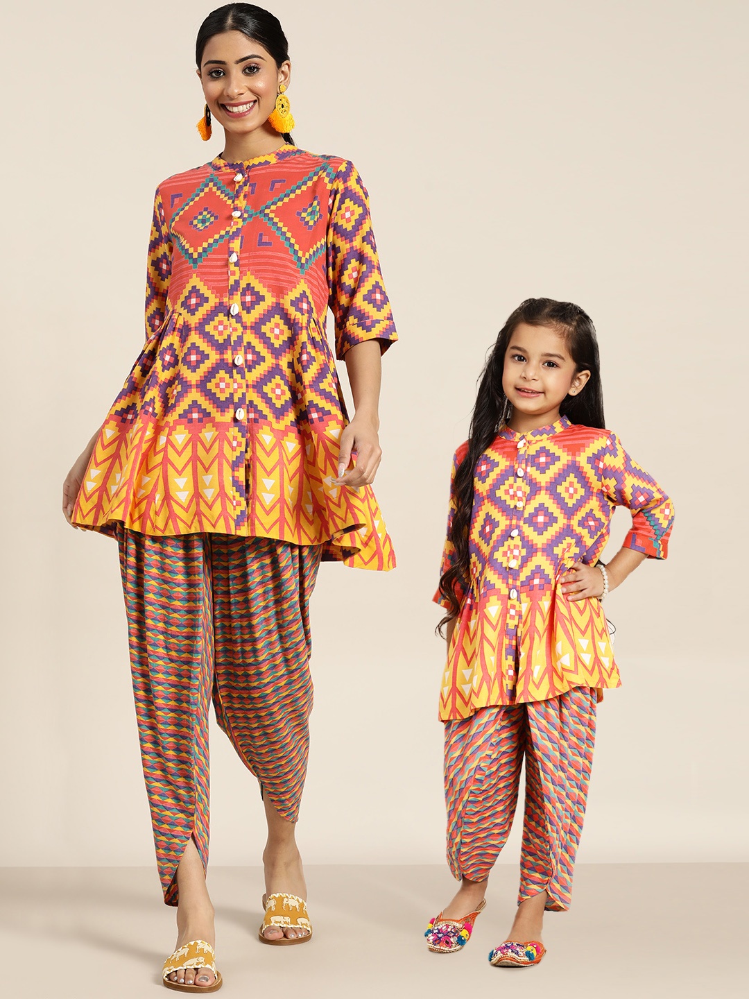 

Sangria Women Pink & Yellow Ethnic Motifs Print Kurta with Dhoti Pants