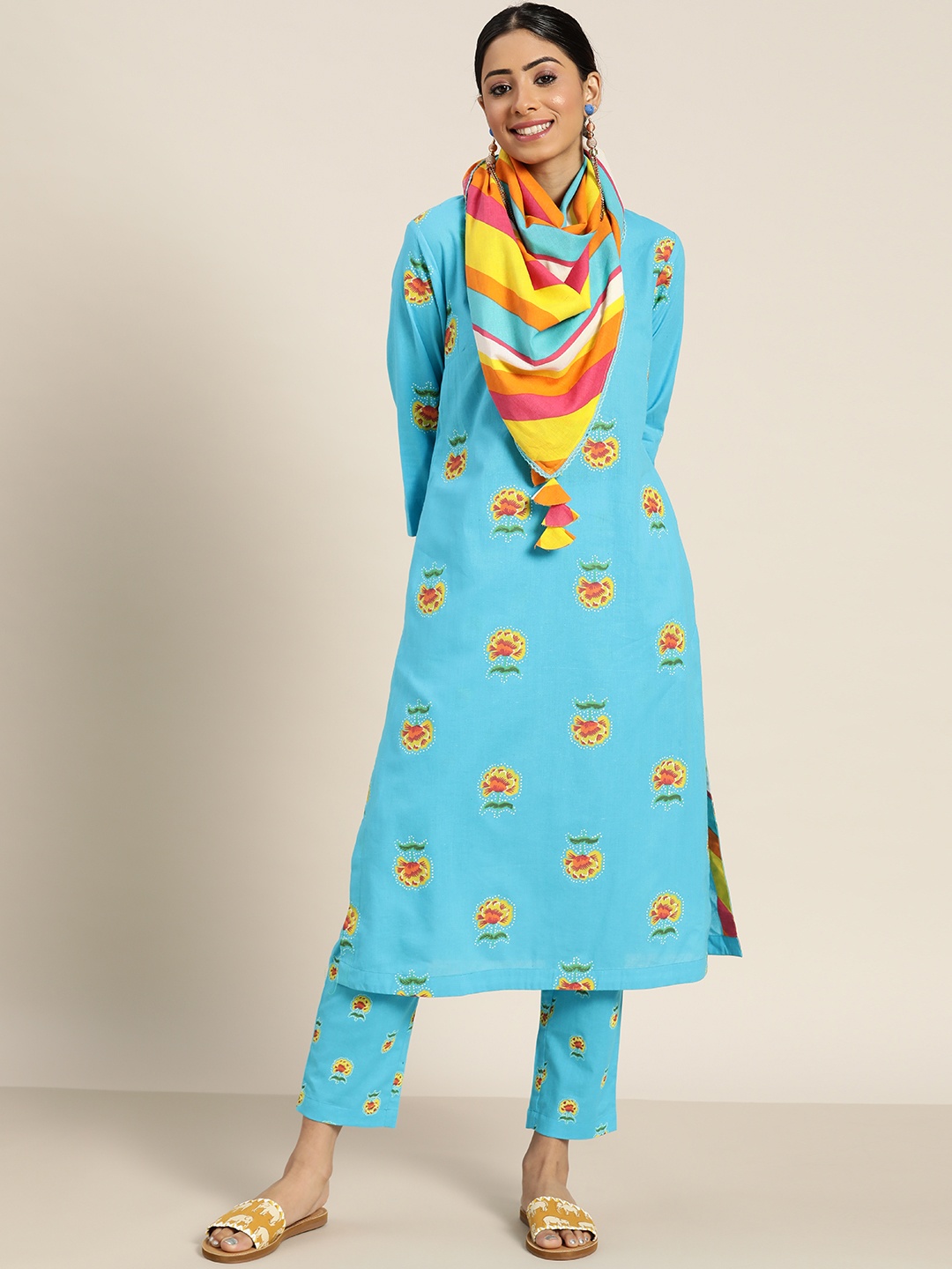 

Sangria Women Blue & Yellow Pure Cotton Printed Kurta with Trousers & With Dupatta