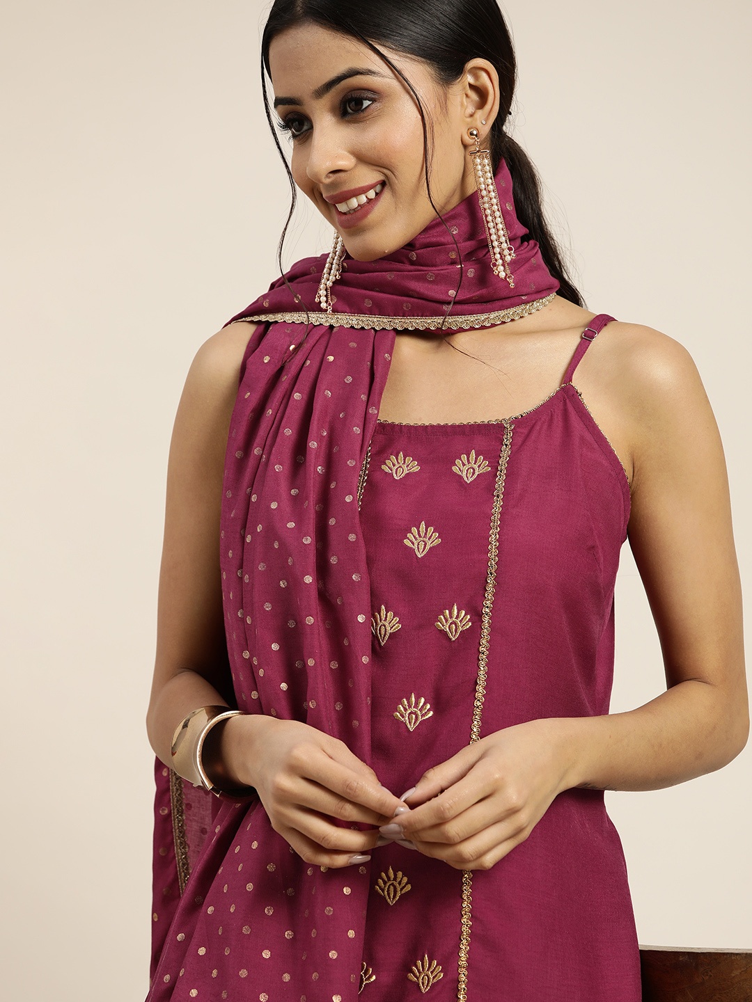 

Sangria Women Magenta & Gold Embroidered Kurta with Sharara & Dupatta