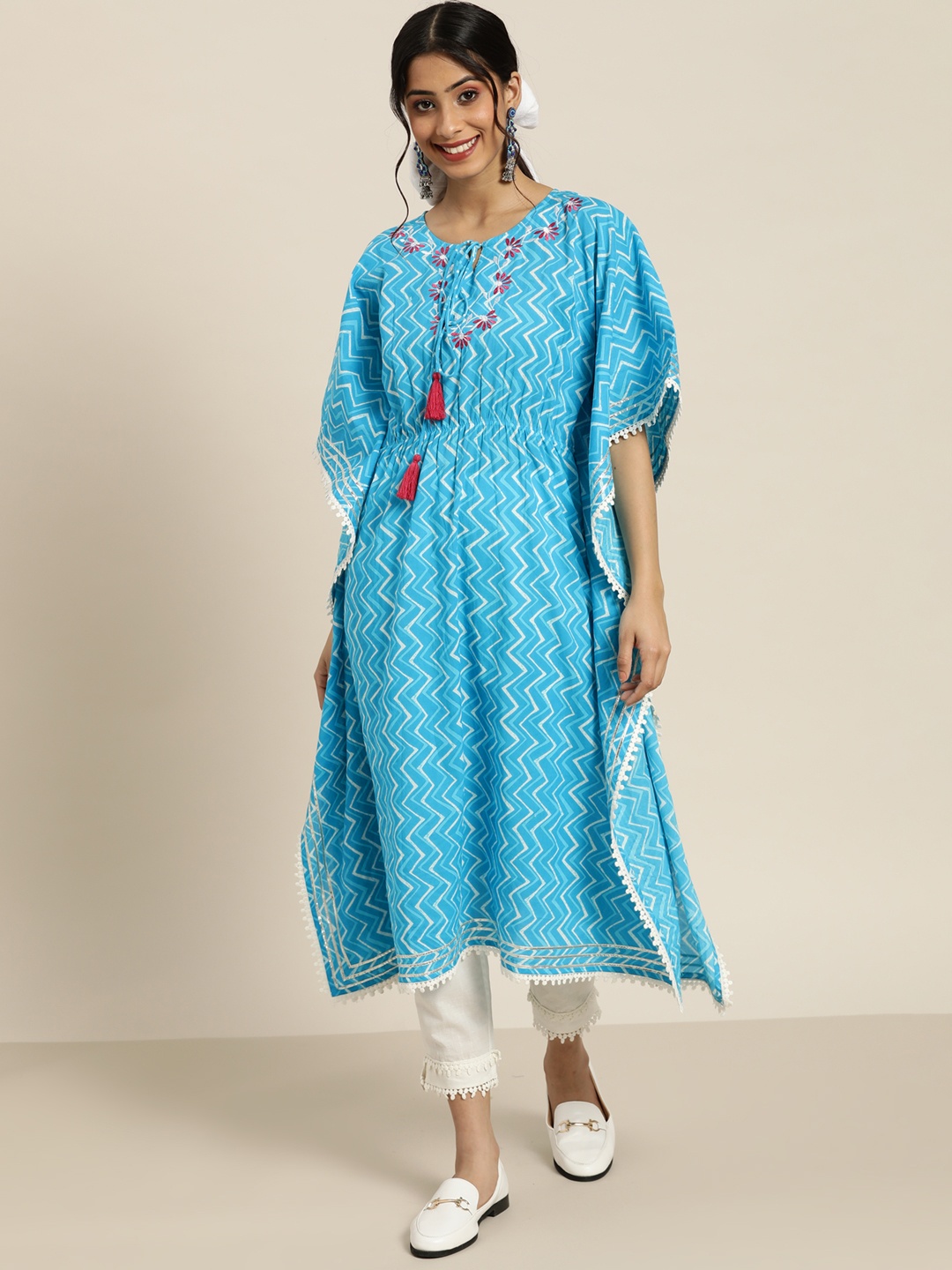 

Sangria Chevron Pure Cotton Kaftan Kurta Set, Blue